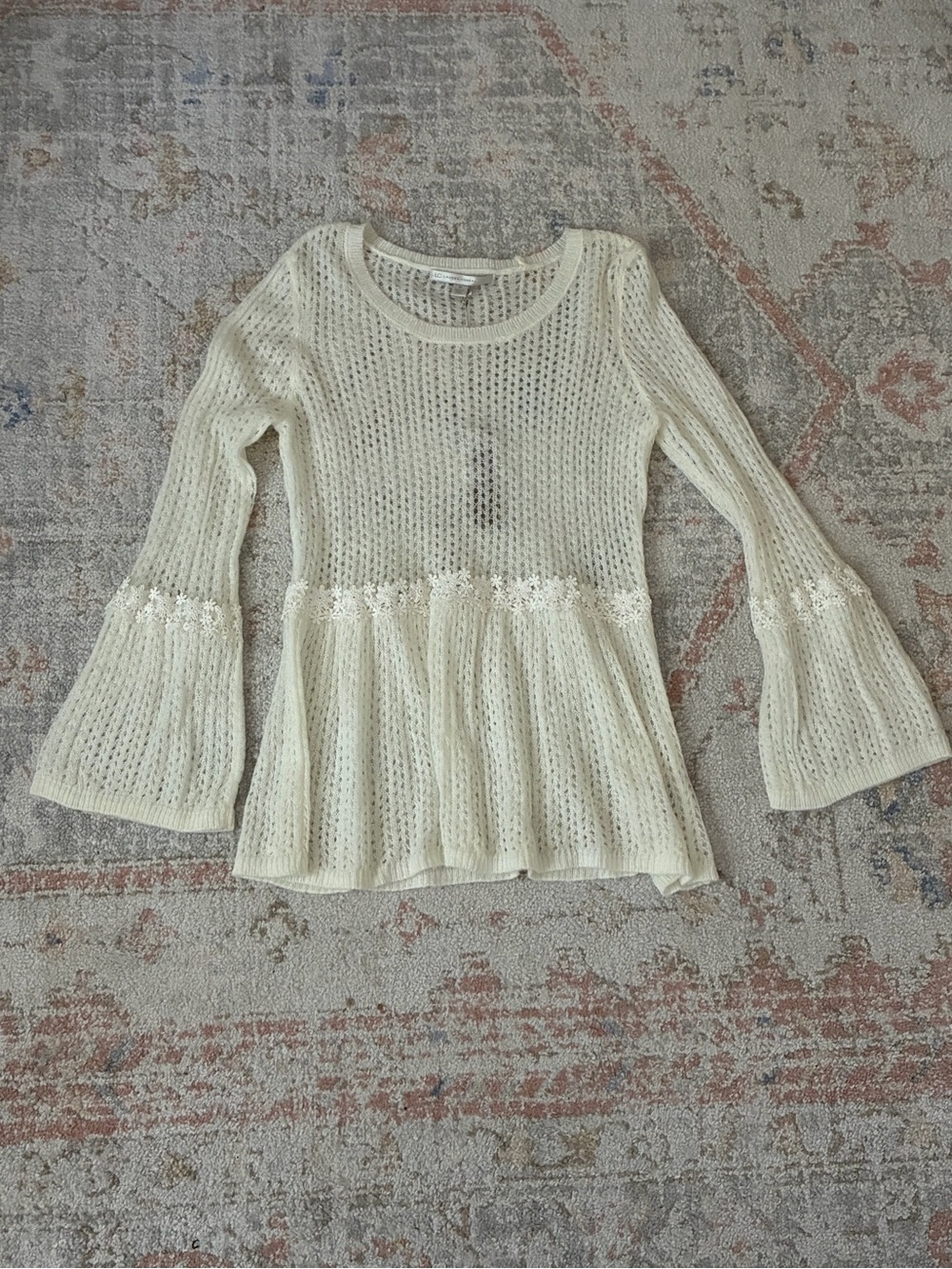 NWT Whimsy Crochet Lace Peplum Bell Sleeve Knit Sweater Ivory M